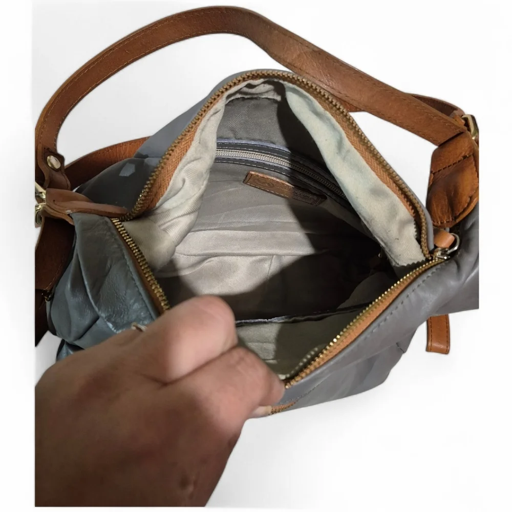 Valentina Gray Shoulder Bag with Brown Trim